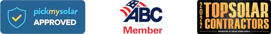 Three badges (ABC Member, Top Solar Contractors, and pick my solar approved)